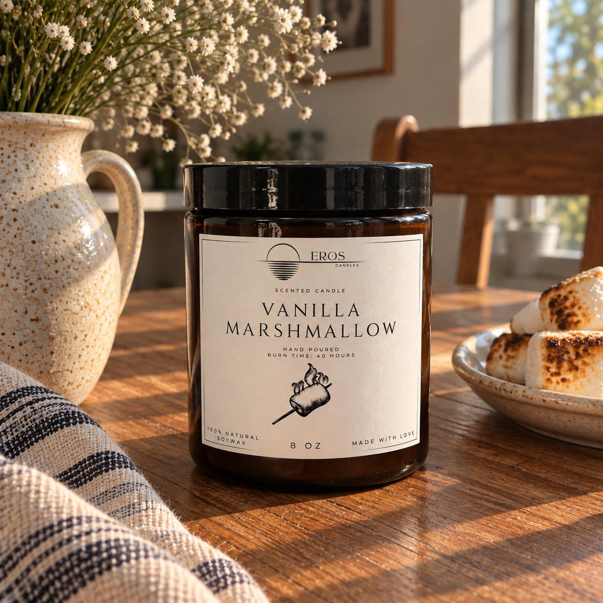 Vanilla Marshmallow Scented Candle | 100% Natural Soy wax | Hand Poured