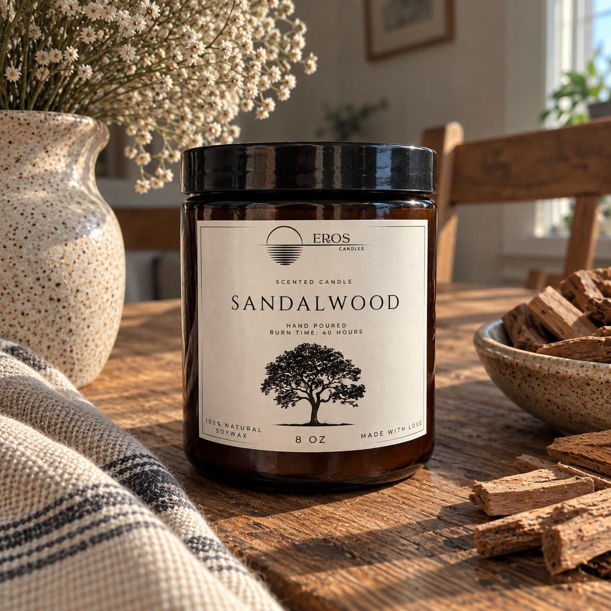 Sandalwood Scented Candle | 100% Natural Soy wax | Hand Poured